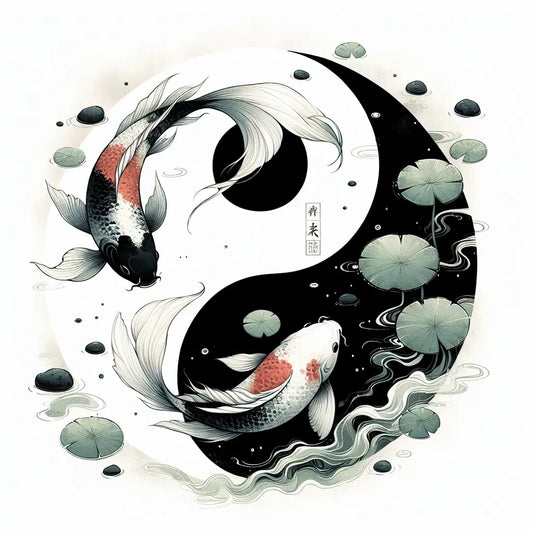 Minimalist Japanese illustration of two koi fish forming a yin-yang symbol in gentle flowing water with soft natural light and serene balance.