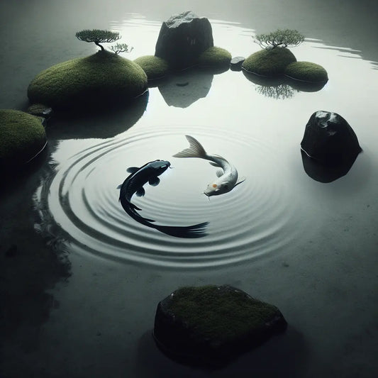 A minimalist koi pond with two black and white koi fish swimming in a yin-yang circle under gentle natural light, evoking serene balance and harmony.