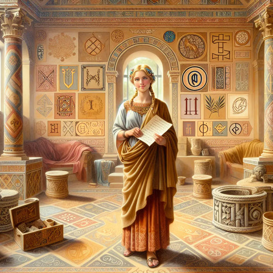 Portrait of a young woman with a friendly smile surrounded by German cultural symbols in a warm, softly lit Roman-inspired interior reflecting language learning and heritage.