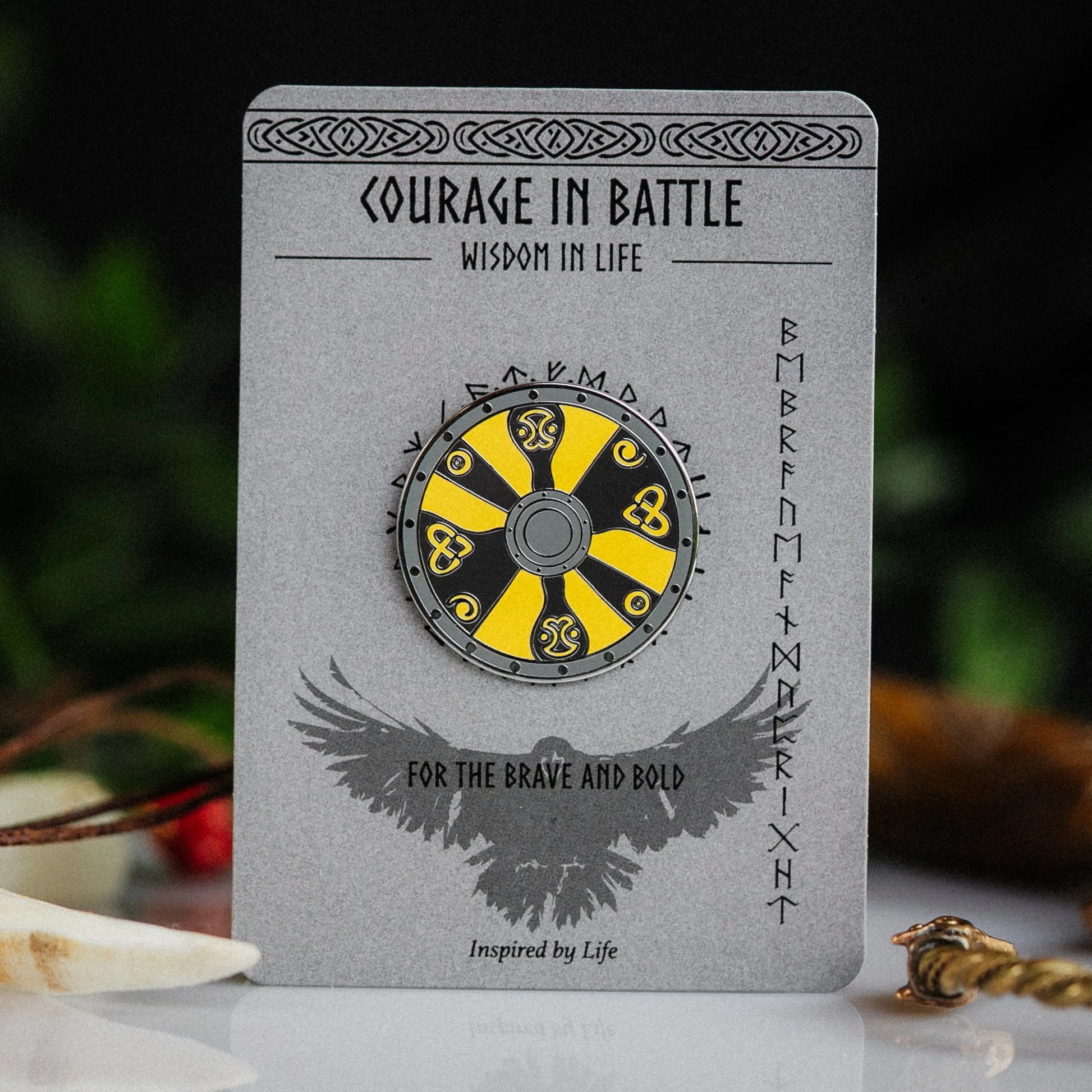 Viking Battle Shield Enamel Pin – Black & Yellow Artwork Signum