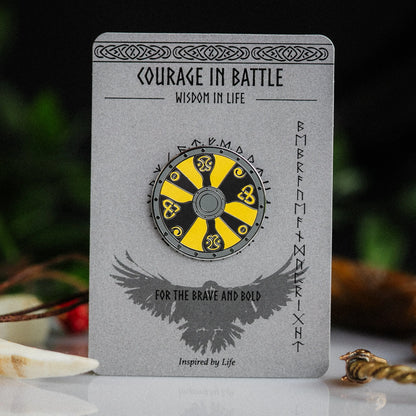 Viking Battle Shield Enamel Pin – Black & Yellow Artwork Signum